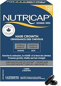 Nutricap for Men Hair Growth - Made In Canada - Hair Vitality and Strength for Men - Biotin, Saw Palmetto, Horsetail &amp; Whey Extract - 2 Months