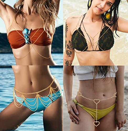 Joerica 5 Pcs Sexy Body Chains For Women Belly Waist Chains Heart Rhinestone Waist Chain Adjustable Bra Chains Summer Beach Bikini Body Chains Jewelry Set For Women #TOP3