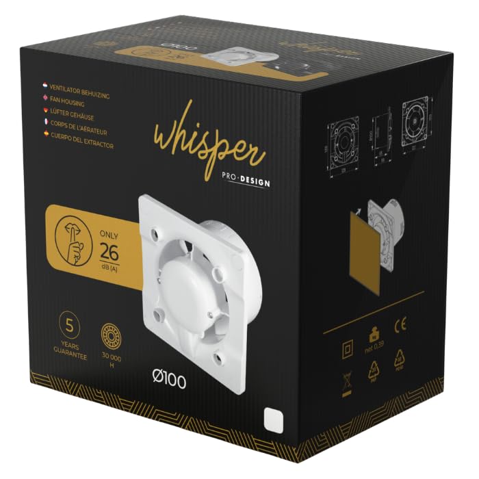 Whisper Pro-Design Badezimmerlüfter - Ø100 mm - Schwarz - Flaches Glas - Leiser Betrieb - Energiesparend