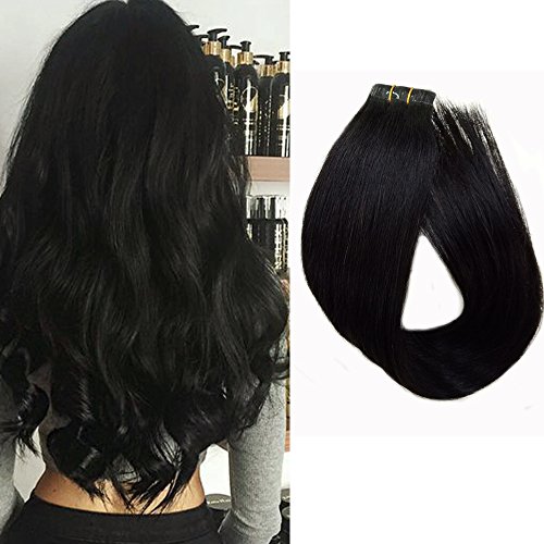 Human Hair Tape in Extensions Black 22 Inches Tape in Remy Hair 20 Pcs/Pack Silky Straight Skin Weft Hairpieces, Color #1B