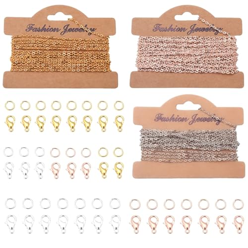 Kit de 9 mètres de chaînes (or, argent, rose) + 30 fermoirs lobster + 90 anneaux – Chaîne maille acier inoxydable pour DIY bijoux, loisirs créatifs –...