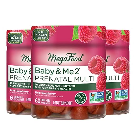 MegaFood Baby & Me 2 Prenatal Multivitamin Gummies - with Folic Acid and Choline for Baby’s Brain Development; Plus Real Fruit- Red Raspberry Flavor - 60 Gummies (30 Servings) - 3 Pack