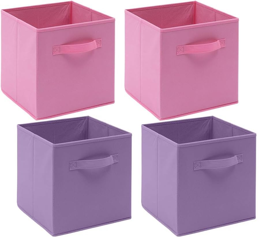 NICEME Cube Storage Boxes Set of 4, Foldable Storage Boxes with Handle for Home Office Nursery, 4pcs Collapsible Bins Organiser for Shelf Closet Organization, Pink+Light Purple