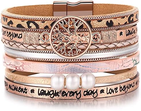 Gifts for Teenage Girls, Inspirational Leopard print rose gold leather Wrap Boho Bracelets for Women,Easter Christmas Birthday Jewelry Gifts for Teen Girls