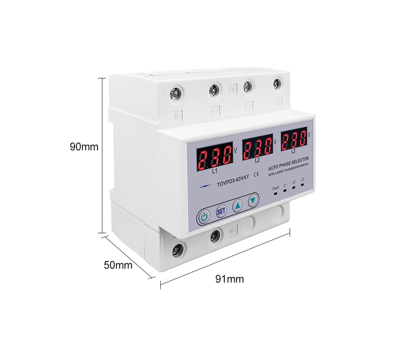 Voltmetro selettore di fase trifase 3P+N su guida DIN con relè protettore di monitoraggio protezione sovratensione e sottotensione regolabile(63A phase selector)
