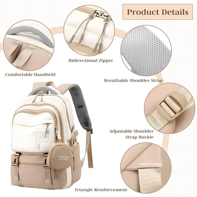Image of Girls School Backpack with Small Zipper Pouch Fashion Nylon Backpack Multi Compartment Large Capacity Bag with Padded Shoulder Straps & Handle for School Travel Camping College