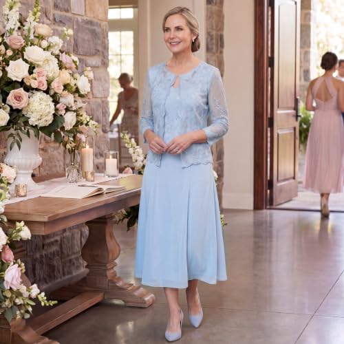 Image of Alex Evenings Women's Tea Length Embroidered Bodice Mother of The Bride Gown, Wedding Guest Dress