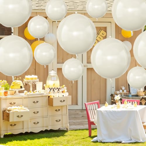 Image of 12 Pcs Cream White Round Foil Balloons Boho Birthday Prom Decor 22 inch 10 inch | Ivory Sand White 4D Helium Ball Balloons for Boho Wedding Anniversary Bridal Shower Gender Reveal Party Decorations