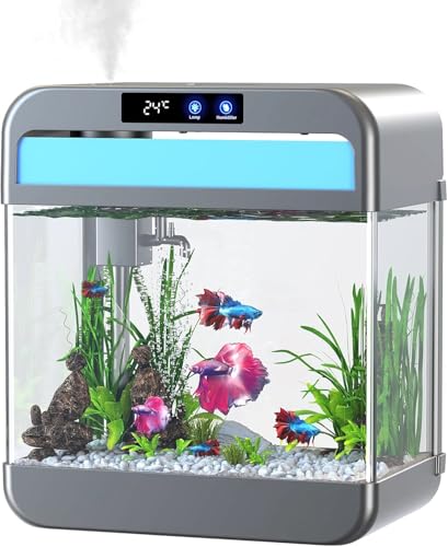 Fish Tank 2.2 Gallon Fish Bowl with Humidifier 7 Color Auto-Looping Light Aquarium Tank with 3 in 1 Silent Pump with Filteration & Oxygenation & Circulation(Gray-2.2 Gallon)