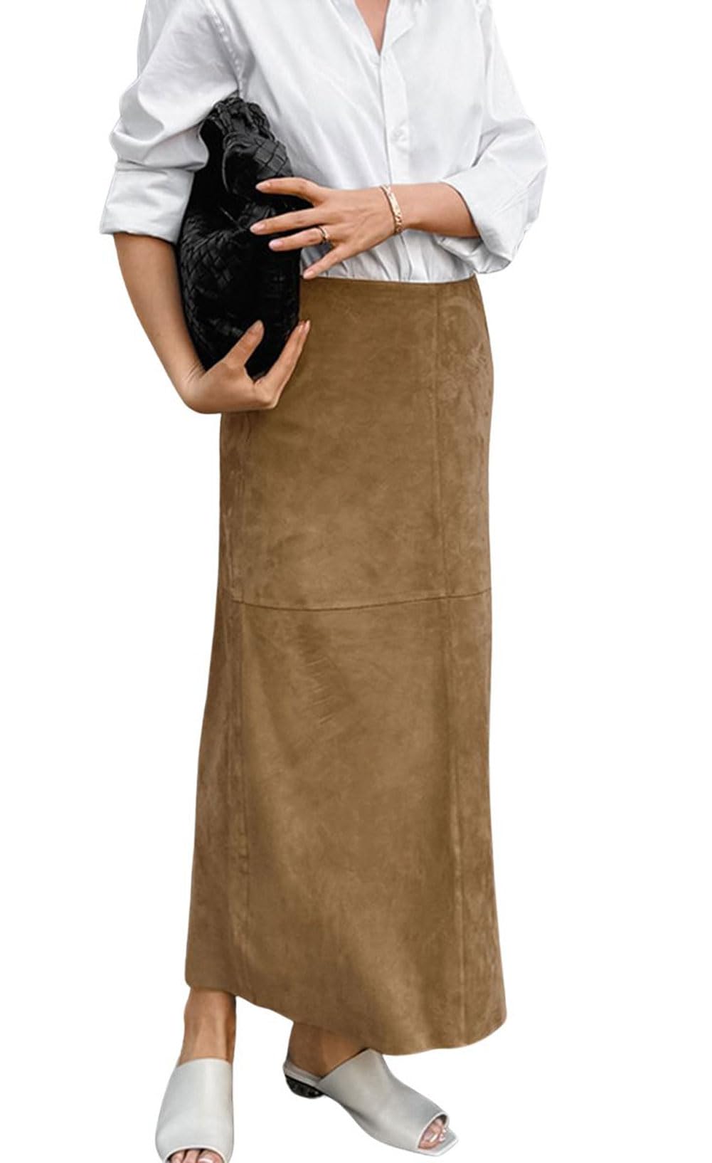 CHARTOU Eleganter Maxirock für Damen, Herbst, Winter, Kunstleder, normale Passform, Maxirock
