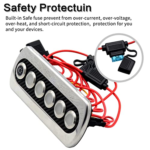 Amomd 6 Gang Ignition Toggle Rocker Push Button Switch Panel Carbon Fiber Panel Surface Blue Led Light Modification For Yacht Rv Boat Truck Marine 12V 20A High Current Ip66 Waterproof On Off #TOP2