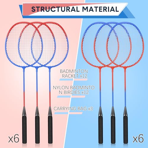 Image of 12 Pack Badminton Rackets Set Including Badminton Racquets, Nylon Shuttlecocks and Carry Bag for Outdoor Backyard Games Beginners