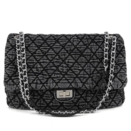 M-ioi-M Large Quilted Denim Purse, Shoulder Bag for Women, Carry-All Crossbody Flap Tote Bag, Double Silver Chain Strap Hobo Bag, Vintage Washed Jean Purse, Overnight Travel Bag (Washed Gray, Large)