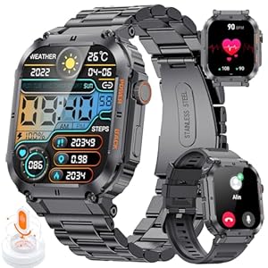 Military Smart Watch for Men(Answer/Dial Calls),1.96” HD touch screen,100+ Sports Modes,400 mAh Smartwatch with Heart Rate/SpO2/Blood Pressure 5ATM Waterproof Fitness Watch for Android and iOS Black