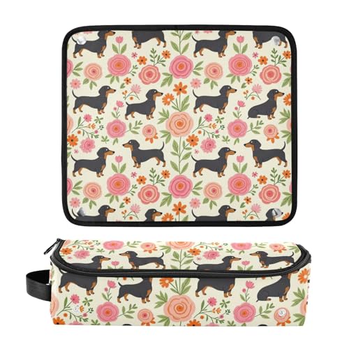 Hair Tool Travel Bag con Mat Resistente al Calor Bolsa Grande para Planchas de Pelo, Estuche de Viaje para Herramientas Calientes y Accesorios de Cuidado Capilar, Estuche de Almacenamiento Floral con Diseño de Perro Dachsund miniatura 3