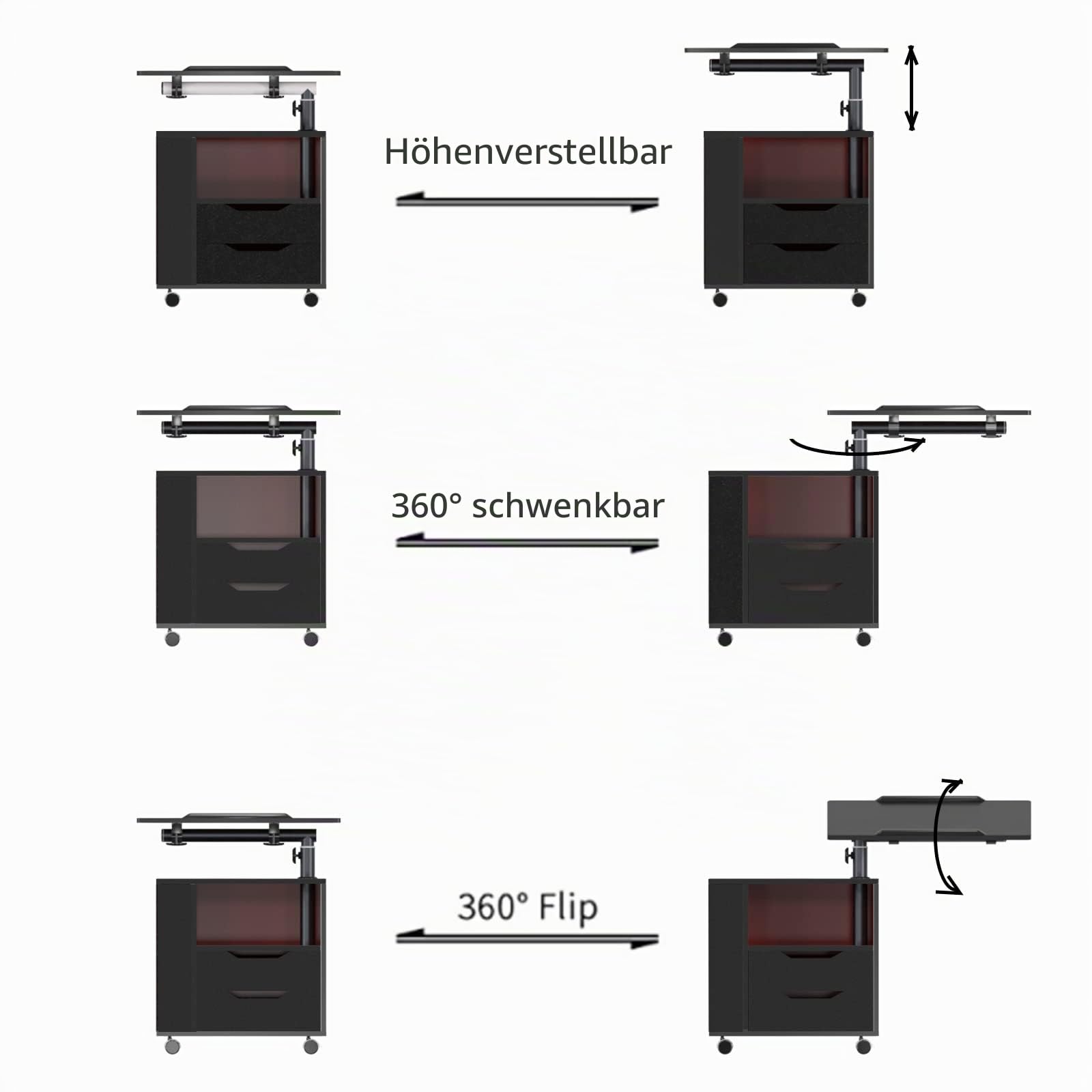 sogesfurniture Mobiler Beistelltisch Nachttisch Nachtschrank mit 2 Schubladen, höhenverstellbarer Sofatisch Laptoptisch für Schlafzimmer, Wohnzimmer, Schwarz BHEU-CT1-BK