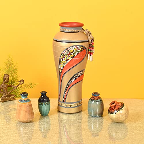 Image of Aakriti Art Creations Handcrafted Terracotta Decor Vase Set of 5 | Multicolor Floral Art Vases with Jute Detailing | Matte Finish Decorative Vases for Living Room, Table & Floor Decor
