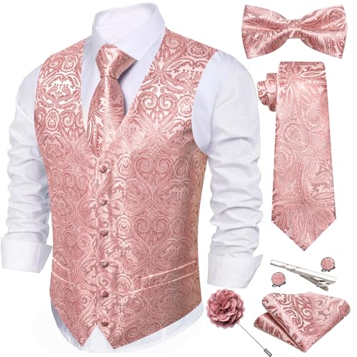 Image of Barry.Wang Men's Suit Vest Tie Bowtie Set Formal Silk Paisley Waistcoat Hanky Cufflinks Lapel Pin Set Wedding Party 7PCS