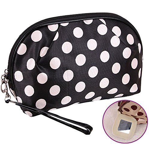 WOMHOPE Polka Dot Satin Cosmetic Bag Large Cosmetic Cases Makeup Bag Pouch Cosmetic Storage Holder Organizer for Travel (Black & White)