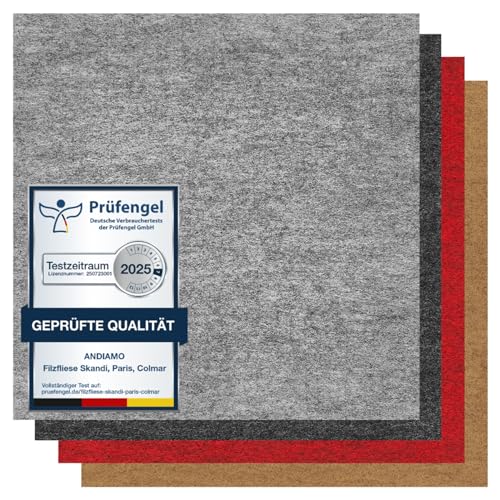 andiamo Teppichfliesen selbstklebend 25 Stück 40x40 cm Filz Bodenbelag für Wohnräume DIY leicht verlegbar & für Fußbodenheizung Standard 4 m Grau