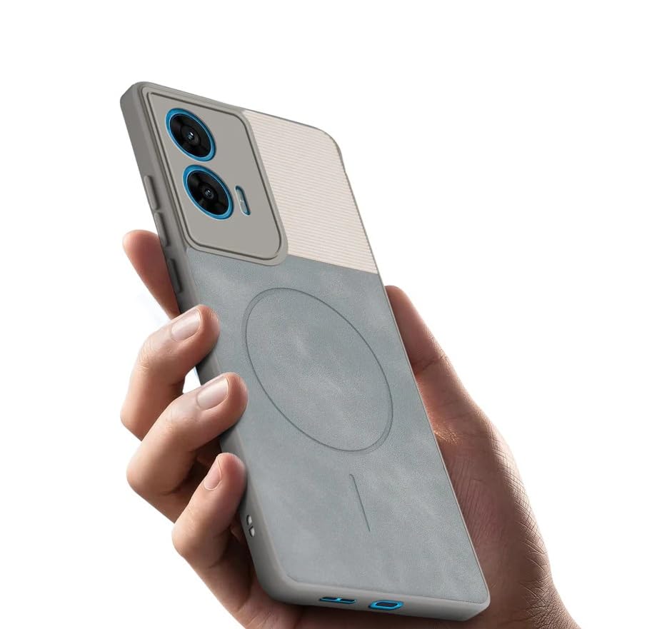 Image of Bintage CASE Dual-Leather Mac Safe Design Phone Case| Soft Touch Finish | Full Camera Protectection Back Cover Compatible for Motorola Moto Edge 50 Fusion - White & Matelic Grey