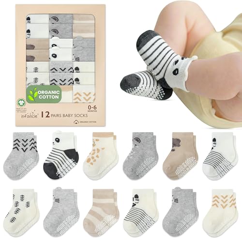 Image of infancie Organic Cotton GOTS Certified Infant Socks 12 Pair - 0-6 Months – Soft and Comfortable Infant Socks 0-6 Months, Premium Boys Cotton Socks, Gift for Newborn Boys