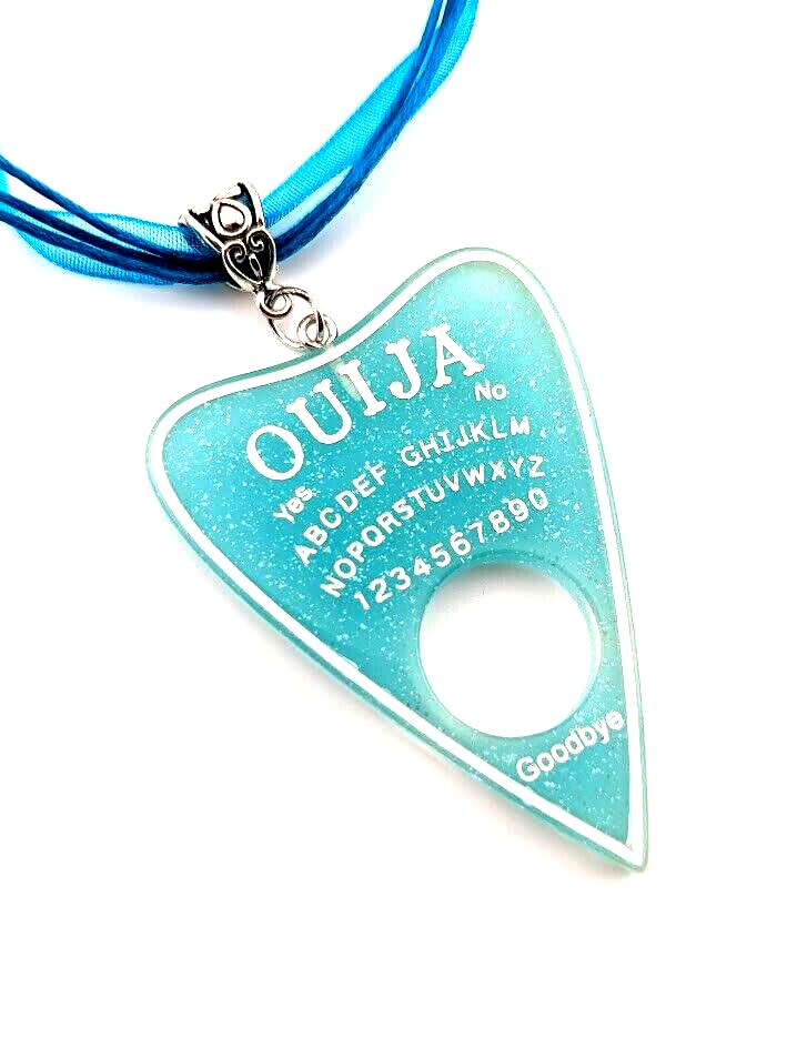 Generic Aqua Blue Glitter Ouija Planchette Pendant on Organza Ribbon & Cord Choker spirit board gothic necklace