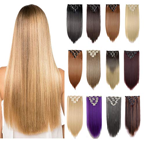 S-noilite 23" Long Straight Curly Natural Black 8 Pieces Clip in on Hair Extensions Full Head Set Thick Hairpiece Synthetic Hair Extensions for Girl Lady Women USA Local Post