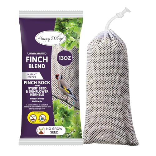 Happy Wings Finch Blend Bird Food, Mix of Sunflower Hearts/Kernels and Nyjer Seed Wild Bird Food-13 Ounce | Prefilled Sock | No Grow Seed I Bird Seeds for Wild Birds