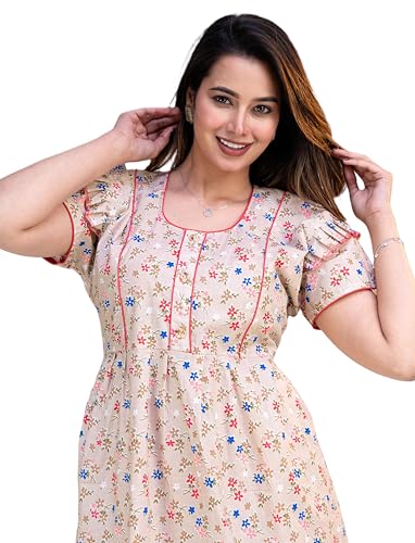 Image of Pure Cotton Designer Nighty for Women | Night Gown | Nightdress | Maxi Nighty | Sleepwear | Jaipuri Nighty | Nighties | Cotton Night Gown for Women /Girls with Belt Pink