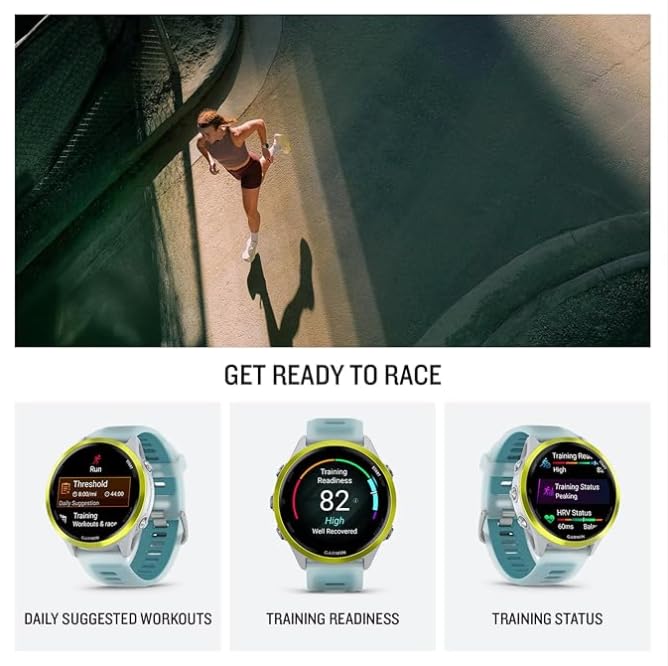Image of Garmin Forerunner 570 47mm Advanced GPS Running & Triathlon Smartwatch, AMOLED Display, Training & Recovery, Amp Yellow Aluminum w /Translucent Whitestone /Turquoise Band w / Wearable4U PowerBank Bundle