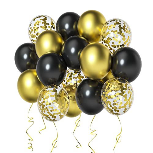 Ballon Or Noir Anniversaire, 60pcs 30cm Ballons en Latex Noir Métallisé Or Ballons de Fête Ballon Confettis Or pour Baby Shower, Anniversaire, Graduation, Décoration de Célébration de Mariage…