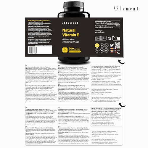Natürliches Vitamin E, 400 IU pro Kapsel, 200 Weichkapseln | mit Bio-Natives Olivenöl Extra | Antioxidant und Anti-Aging | Mit spanischen Extra-Nativen Bio-Olivenöl | Zenement