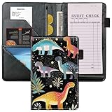 JNFBWULO Slim Server Book for Waitress & Waiter, 8" x 5" PU Leather Restaurant Organizer Wallet with Zipper Pocket for Coins & Guest Check, Multiple Patterns - Cute Dinosaur