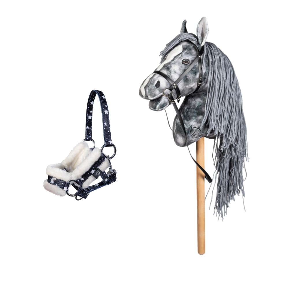 Holly & Claire HKM Hobby Horse Clara – Steckenpferd in Grau mit Halfter & Führstrick Navy Sterne | Realistisches Hobby Horse für Kinder ab 3 Jahren | ca. 40 cm Stablänge