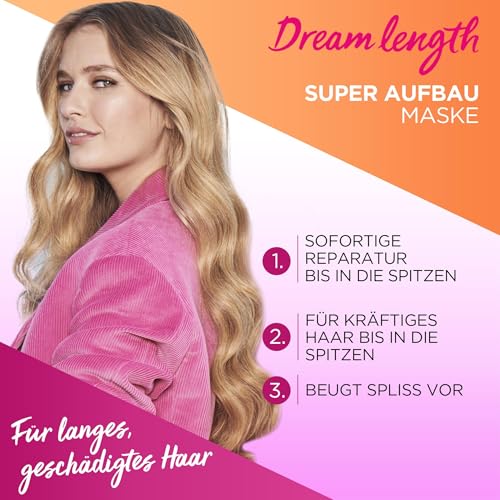 L'Oréal Paris Elvital Anti Spliss Haarmaske für langes, geschädigtes Haar, Intensive Haarkur zum Ausspülen, Mit pflanzlichen Vitaminen und Rizinus-Öl, Dream Length Super Aufbau Maske, 1 x 300 ml