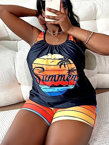 SOLY HUX Women's Plus Size Tankini Set Striped Tropical Print Tops and Shorts Bikini Bathing Suits 2 Piece Swimsuit4