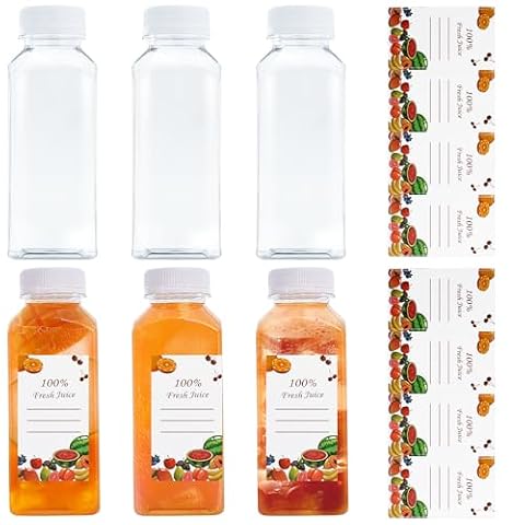 6 sztuk butelek na sok 350 ml do napełniania, wielokrotnego użytku, tworzywo sztuczne, wysoka szczelność, butelki na sok z pokrywkami, plastikowa butelka z 8 naklejkami na lodówkę, sokowirówkę, sok