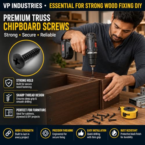 Image of By inchVP INDUSTRIES inch (Pcs-50) No.8x16 mm Truss Philips Chipboard Self-Tapping Screw - Black Zinc Coated Carbon Steel, Ideal for Wood, Plywood, Particle Boards, Cabinets, Furniture & DIY Fixings