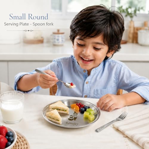 Image of SAVRI Personalized Stainless Steel Round Shape Serving Plate with Name & Favourite Character Engraved | Maggie, Kids, Snacks, Breakfast Plate | for Birthday, Return Gifts. Size - 6 * 6 inches