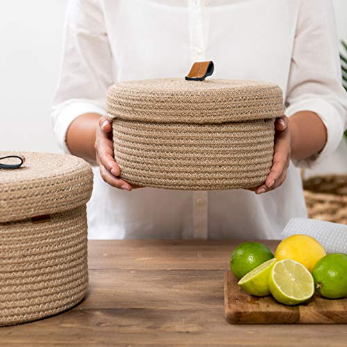 Denja & Co Round Baskets With Lids - Set Of 2 Decorative Jute Baskets With Lids For Organizing - Natural Jute Rope Lidded Baskets With Genuine Leather Tabs - Storage Baskets With Lids #TOP3
