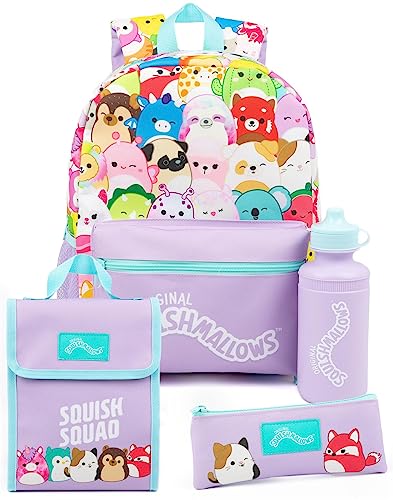 Squishmallows Girls Backpack | 4-Piece School Bag Set with Lunch Bag, Water Bottle and Pencil Case | Purple Squishmallows Design for Plush Lovers | Accessories for Organized School Days, Purple,