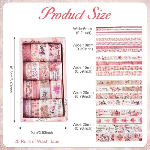 Image of HASTHIP 20 Rolls Washi Tape Set in 5 Sizes, Pink Floral Vintage Decorative Masking Tape for Scrapbooking, Journaling, Planners, DIY Crafts & Art Projects, 6.6ft Per Roll