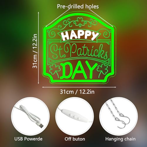 Image of Happy St. Patrick's Day Art Neon Signs Shamrock LED Neon Lights Dimmable Wall Decor for Kids, Room, Office, St Patrick's Day Party Gift Art for Boys Girls-12.2 x 12.2 IN-USB Powered-Acrylic