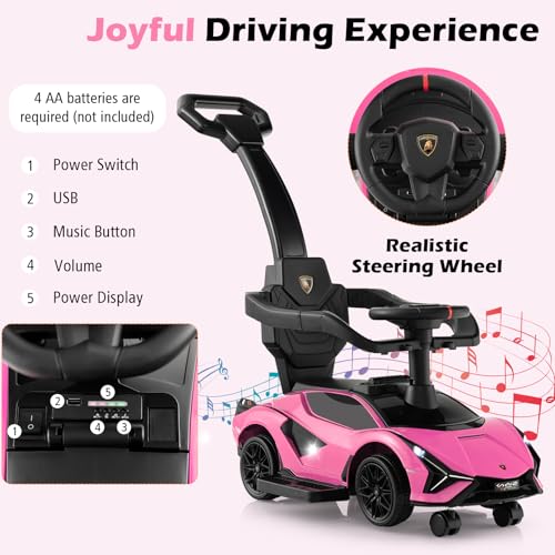 SOARS Lamborghini Rutschauto, Rutschfahrzeug mit Abnehmbarer Schiebstange, Universalrädern, Stauraum, Scheinwerfern, USB-Anschluss, Musik, Spielzeugauto für Kinder ab 1 Jahr (Rosa) – Bild 6