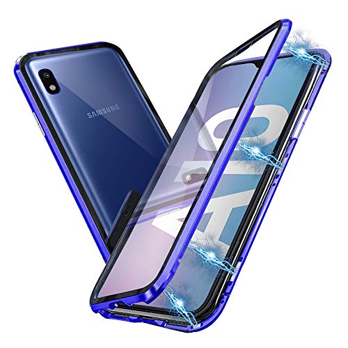 JUNHENG Funda para Samsung Galaxy A10 Adsorcion magnetica Tech Carcasa Frente Posterior Vidrio Templado Diseño Imanes potentes Marco Incorporado Protección de 360 Grados Metal Flip Cover(Azul)