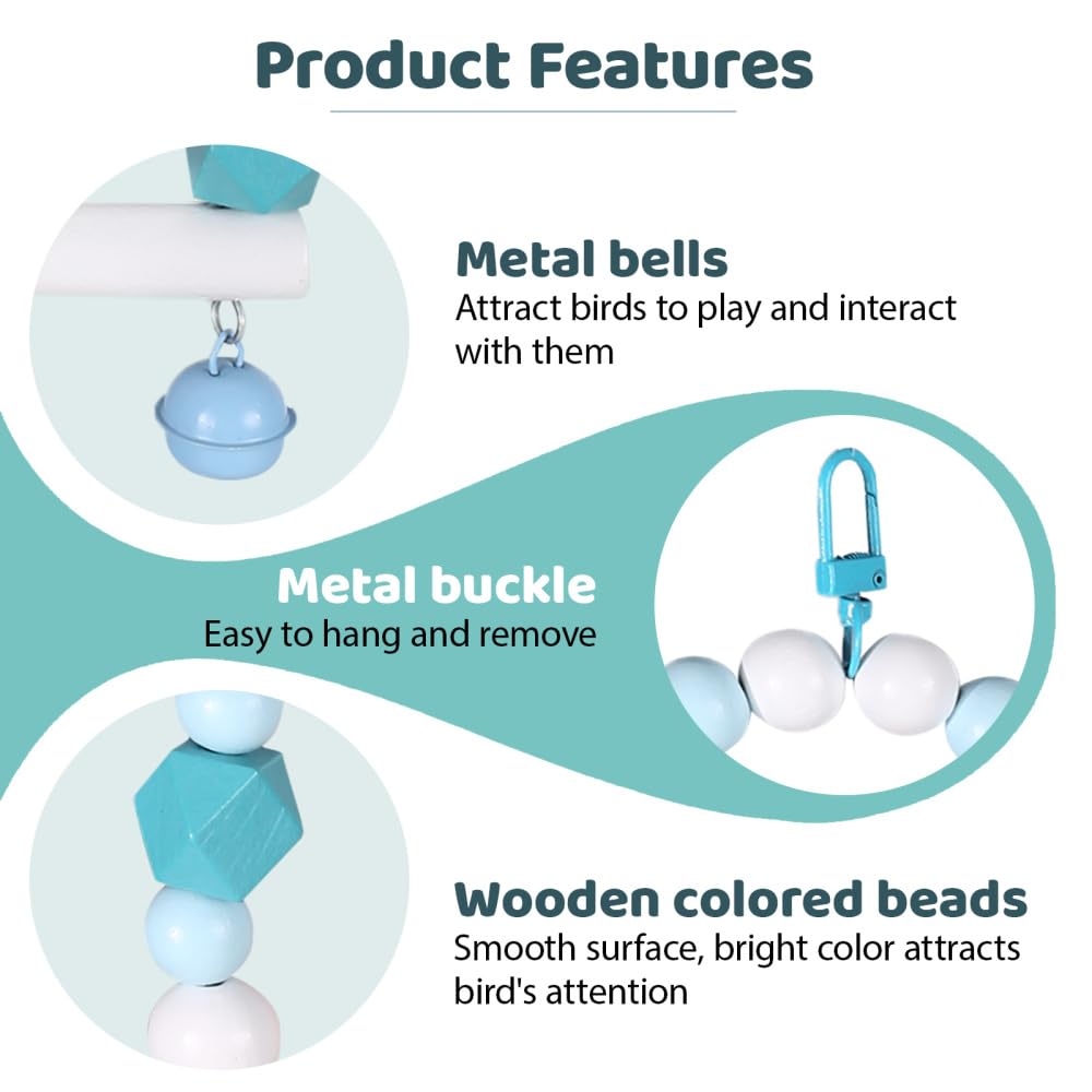 Bird Swing, Macaron-Colored Suspending Parrot Toy with Metal Buckle and Bells, Wooden Bird Hanging Cage Stands for Budgerigar, Parakeet, Conure, Cockatiel, Mynah