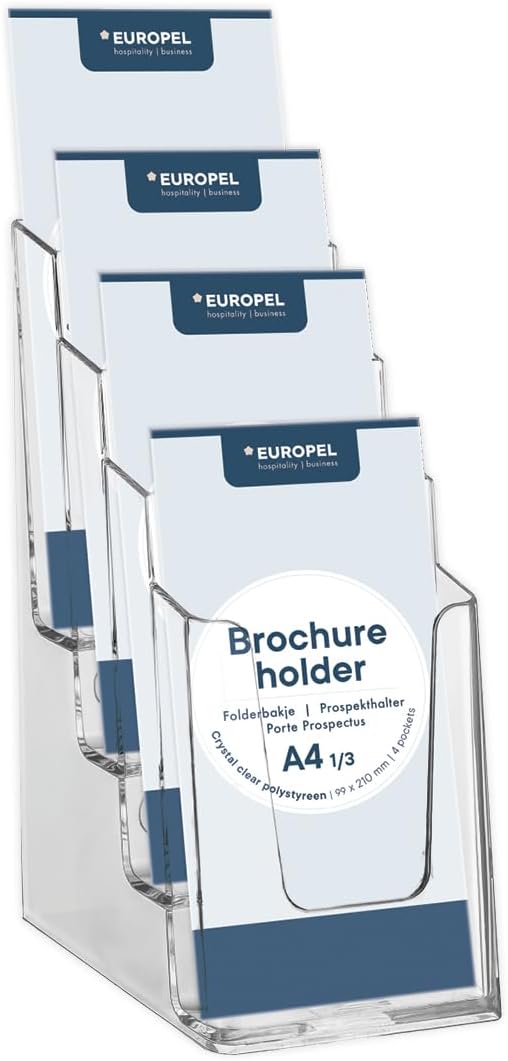 EUROPEL 4-Tier Leaflet & Brochure Holder For 1/3 A4 Size Literature Clear Acrylic Construction Booklet, Flyer & Menu Display & Dispenser for Office, Restaurants & Reception Portrait Clear
