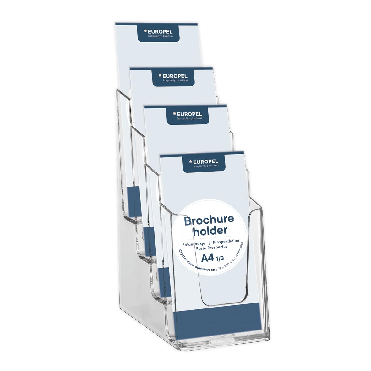 Europel Portadepliant Multiplo, 4x Formato DIN 1/3 A4, Polistirene Trasparente, Espositore per Brochure da Tavolo, Porta Menu Verticale per Ufficio, Cataloghi e Listini Prezzi