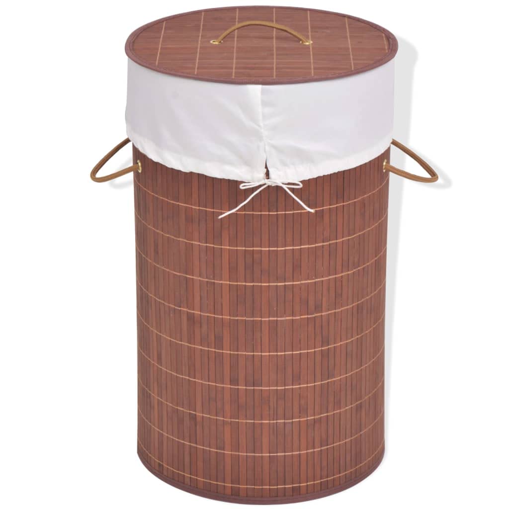 Panier à linge bambou marron cylindrique coffre jouets gain de place